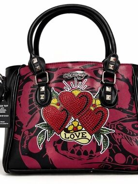Ed Hardy Lunch Tote Bag Hearts Rhinestone Thermal Insulated Vegan Crossbody